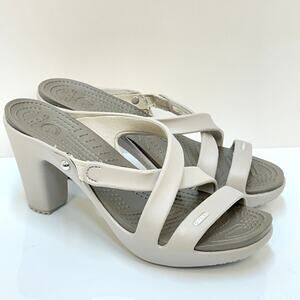 Crocs Cyprus IV Heels Open Toe Sandals Womens 9 Beige Taupe 14588 Boho Strappy